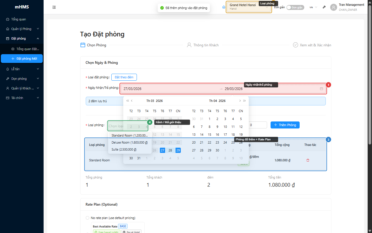 Bước 1 - Chọn phòng và Rate Plan