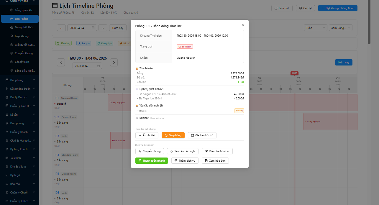 Panel chi tiết mở rộng — Payment, Services, Amenities, Minibar